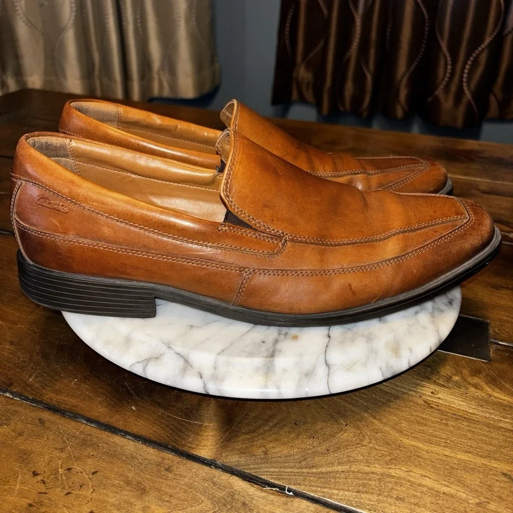 Clarks‎ Collection Shoes Men Sz 11.5 M Brown Leather Slip On Dress Soft Cushion